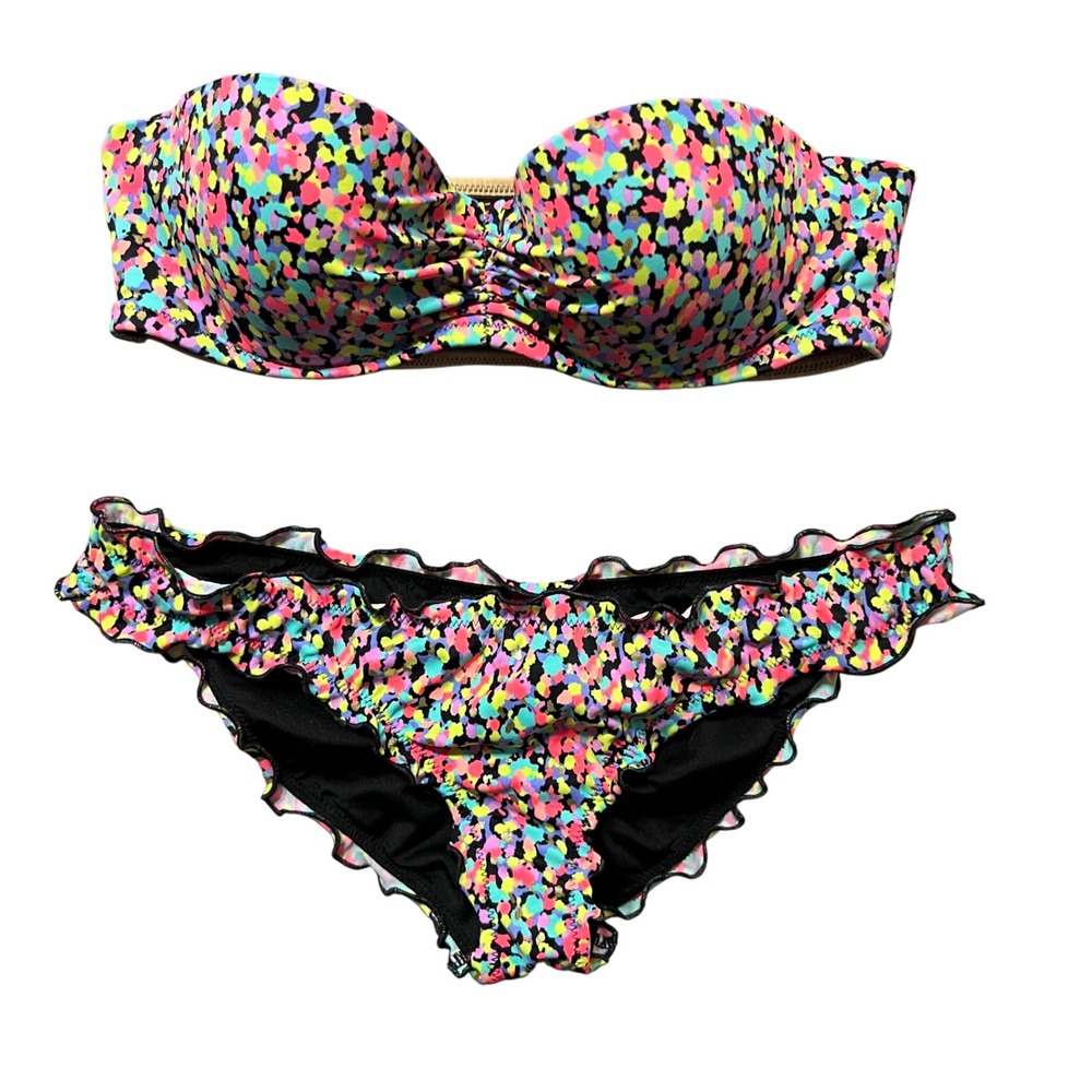 Victoria's Secret Strapless Bikini Ruffle Trim Confetti Multicolor XS 32B